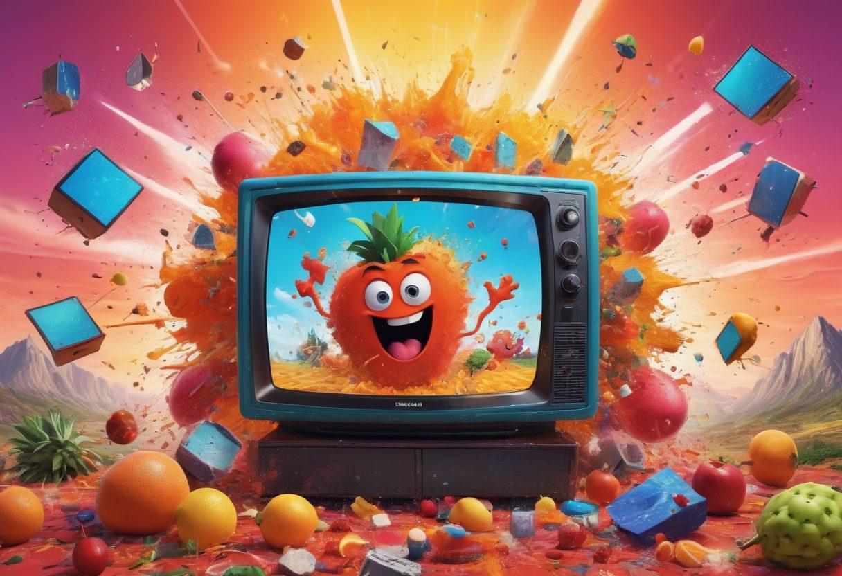 A vibrant collage of surreal and exaggerated cartoon characters smashing various objects in a playful manner, with oversized, colorful explosions and humorous facial expressions. Include iconic items like TVs, fruits, and gadgets being hilariously destroyed. The background should be a dynamic, action-filled scene to convey chaos and fun. cartoon style. bright colors. high energy.