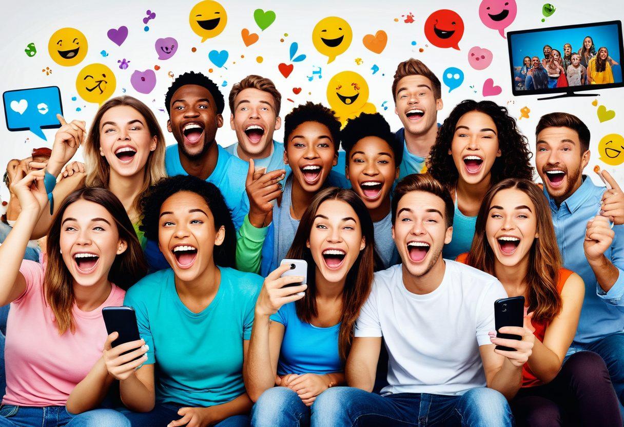 A vibrant collage of diverse people laughing uncontrollably while watching a series of hilarious viral videos on their smartphones, with colorful emojis and laughter bubbles around them. The background features a messy room filled with snacks and a big TV screen displaying a dynamic action-packed video clip. The overall atmosphere is joyful, energetic, and playful. cartoon style. vibrant colors. white background.